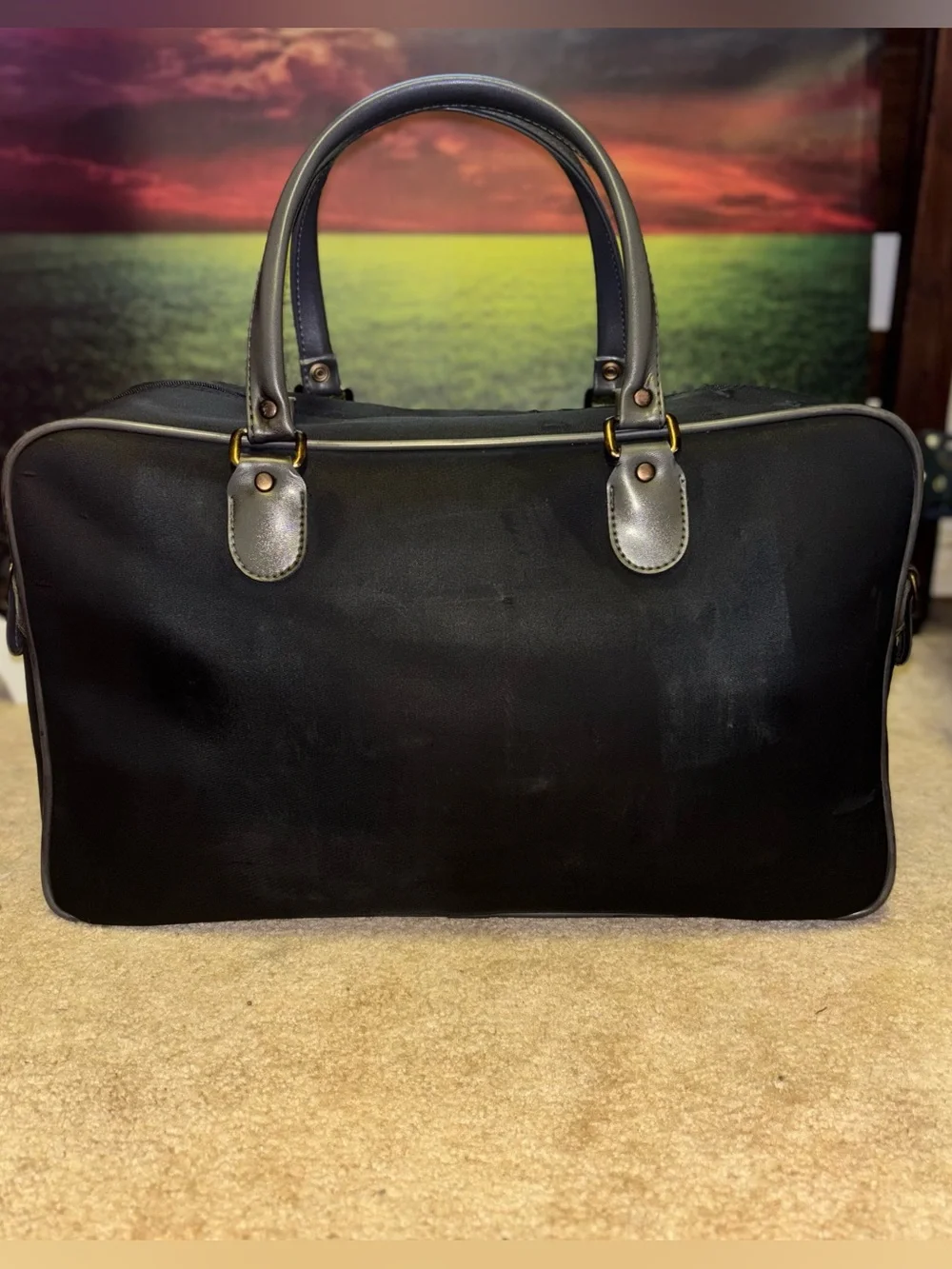 Vintage Balenciaga Black Nylon & Grey Trim Weekender Travel Duffel Bag